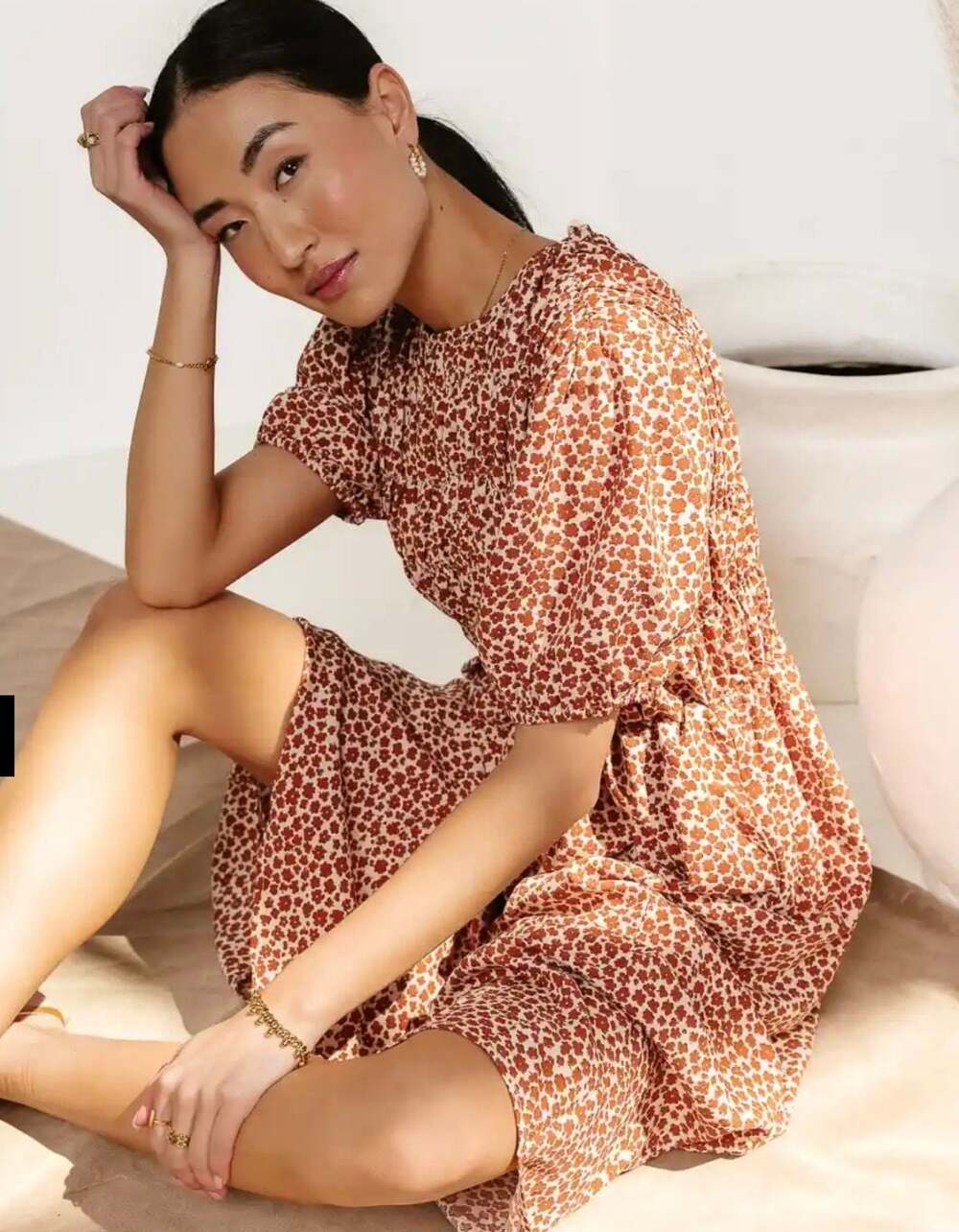 Böhme Shyla Floral Midi Dress Red Brown White Short Sleeve Smocked Size XS